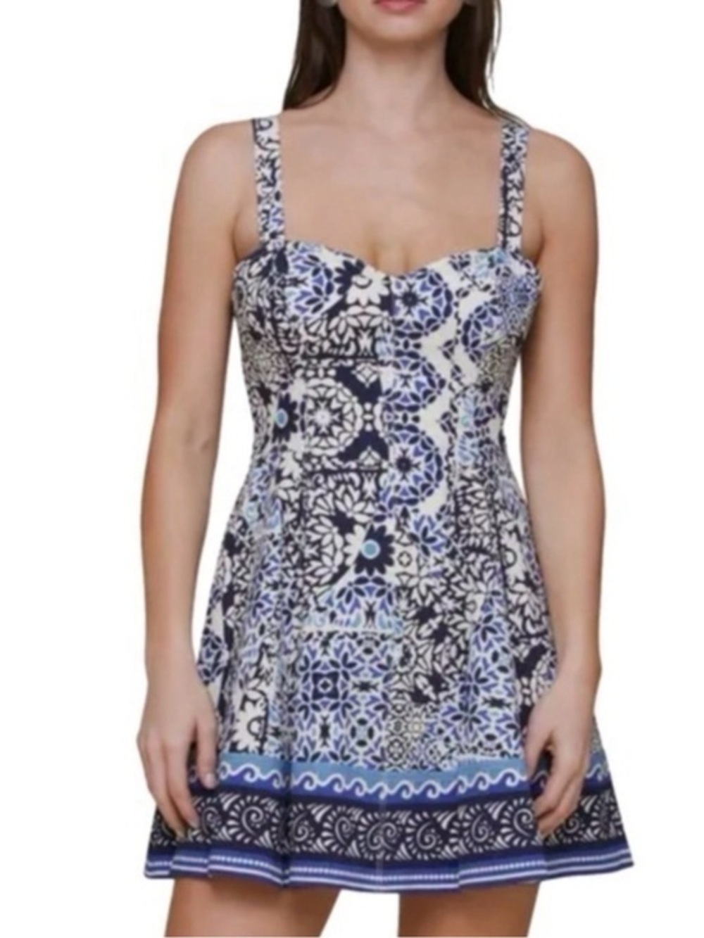 Avec Les Files | Sweetheart neckline Stretch Cotton Mini Dress Barcelona Tile